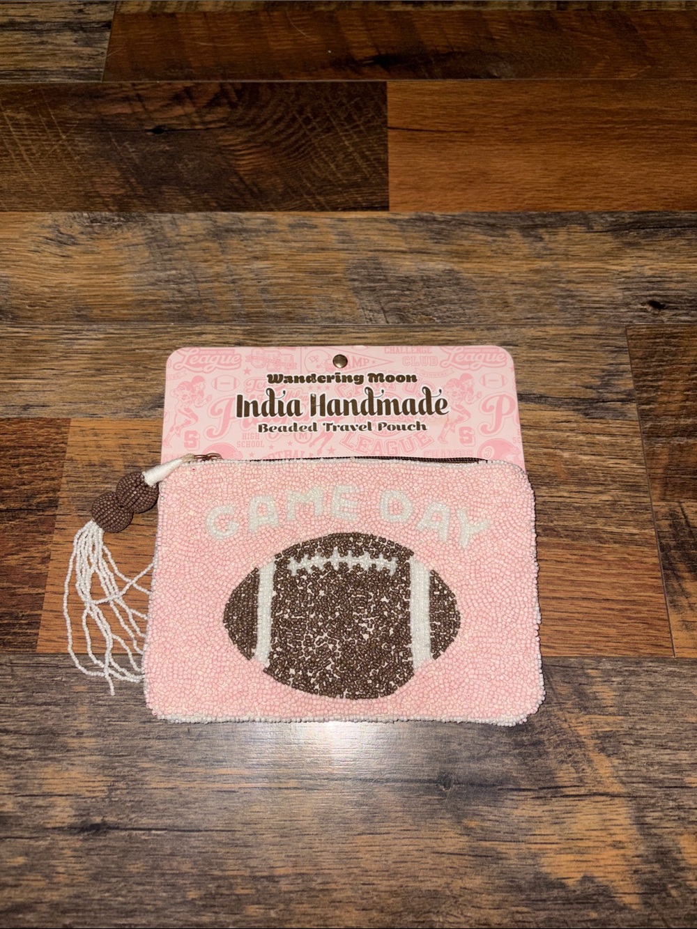 India Handmade Pink Beaded 'Game Day' Football Pouch